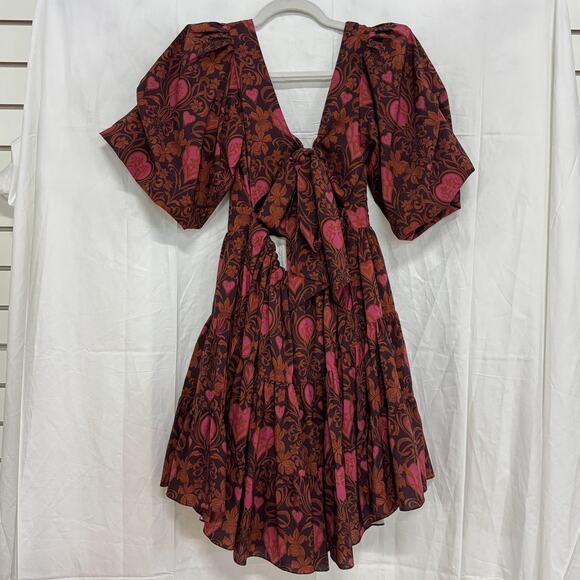 Eugenia Fernandez Floral Puff Sleeve Tie Back Babydoll Mini Dress Brown Size S - Picture 3 of 4